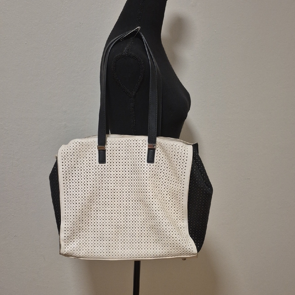 Perforated Women's Tote Handbag Purse Black & White w Inside Bag Detachable